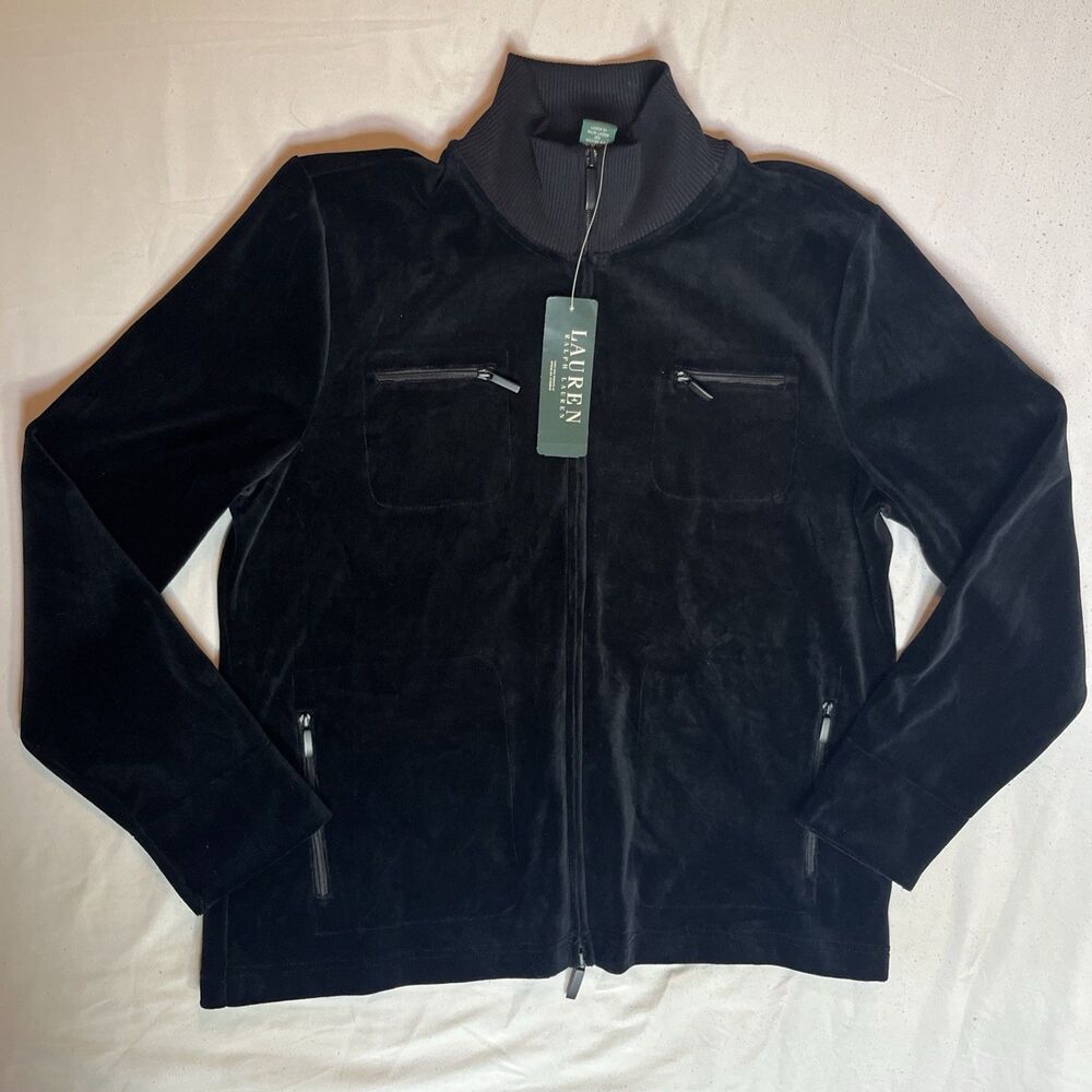 NWT VTG LRL Velour Track Jacket USA Made Women’s L Black 90s Lauren Ralph Lauren